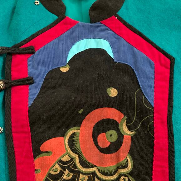 Vintage Blue Green Chinese Corduroy Embroidered Fish Sweater Jacket Sz M (apprx) - Picture 16 of 16